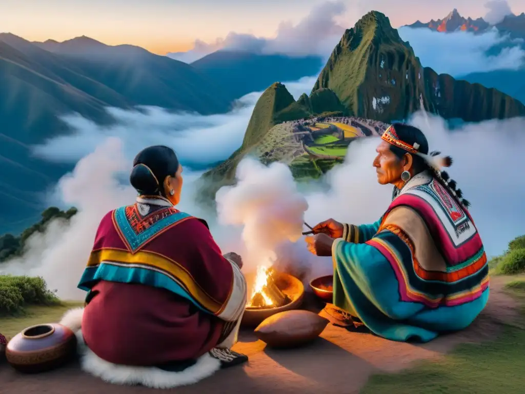 Un grupo de chamanes andinos realiza una ceremonia al amanecer en la cima neblinosa de una montaña, con textiles coloridos y ofrendas a la Pachamama