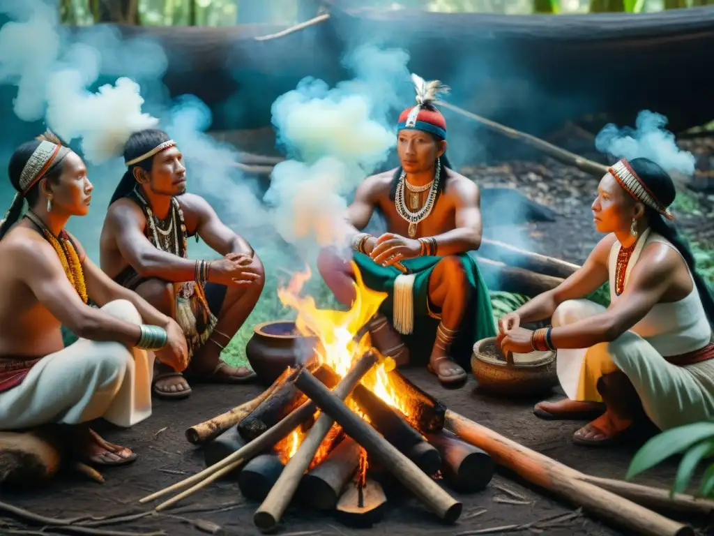 Grupo de chamanes indígenas en ritual alrededor de fuego sagrado en la selva