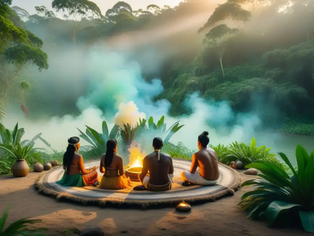 Un grupo de chamanes indígenas realizando un ritual de sanación en la selva