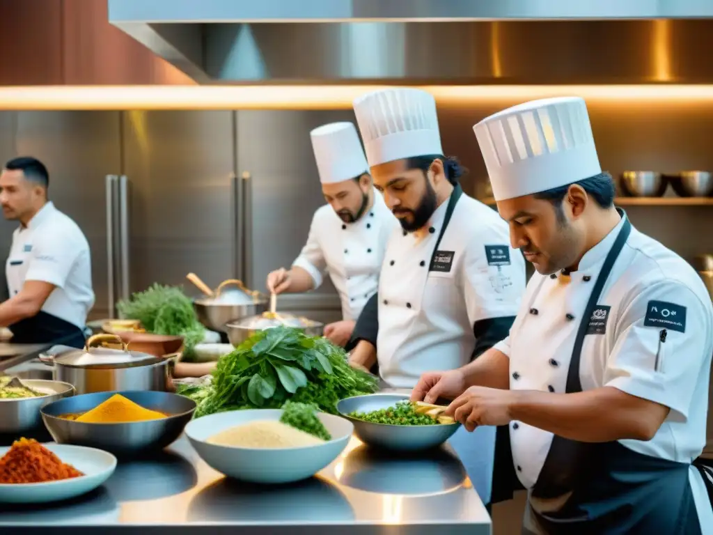 Un grupo de chefs apasionados preparan platillos indígenas con toque contemporáneo en una cocina moderna, rodeados de ingredientes frescos y coloridos