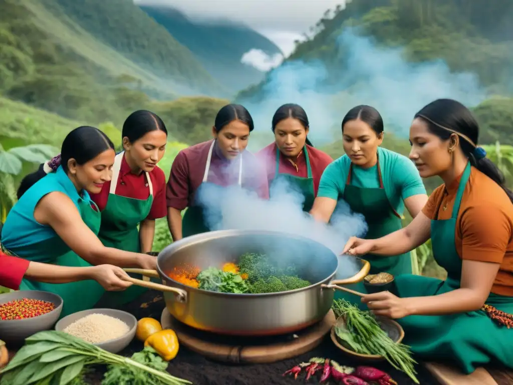 Un grupo de chefs indígenas en un bosque, cocinando con ingredientes nativos, preservación recetas culinarias indígenas ancestral