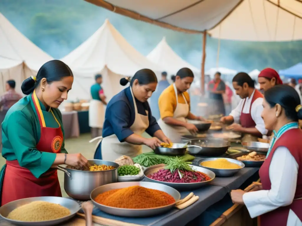 Un grupo de chefs indígenas preparando delicias en festival con tradiciones culinarias