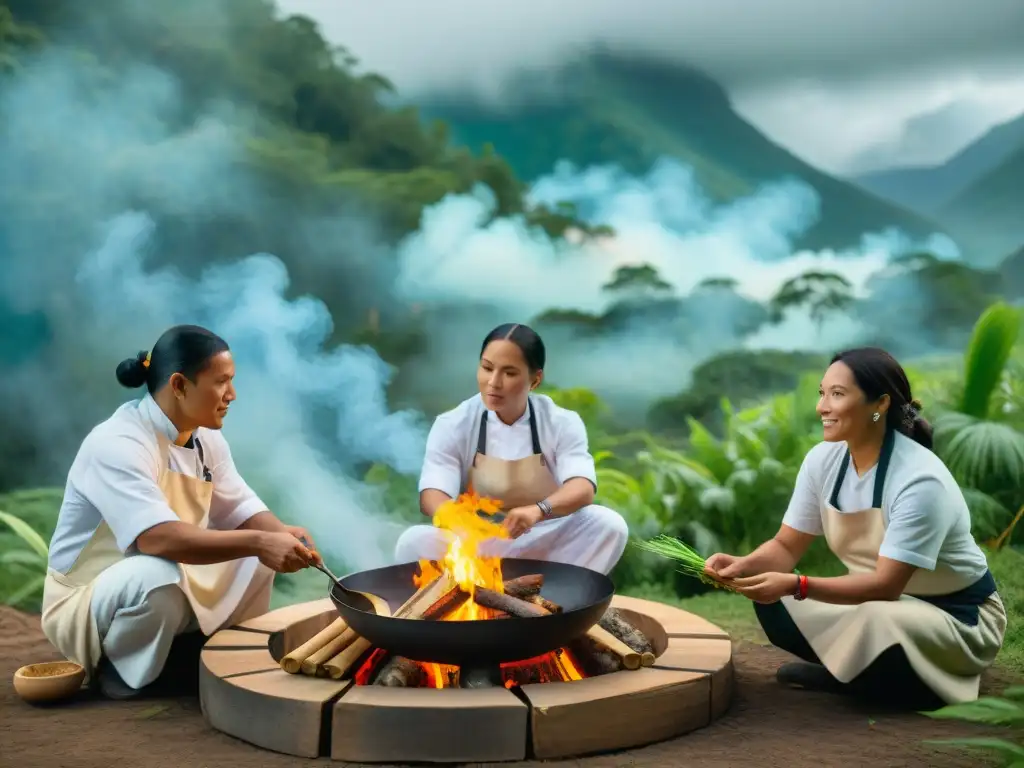 Un grupo de chefs indígenas innovadores preparando platos tradicionales alrededor de una fogata al aire libre en el bosque