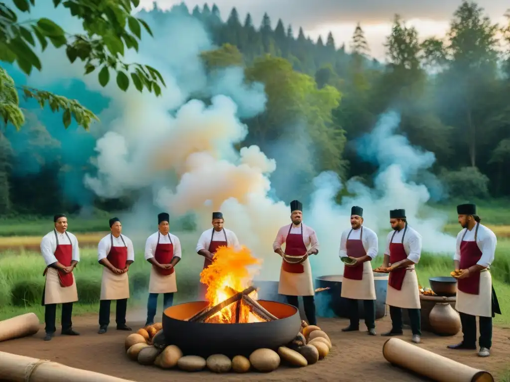 Un grupo de chefs indígenas preparando platos ancestrales alrededor de una fogata en la selva, mostrando su resistencia culinaria