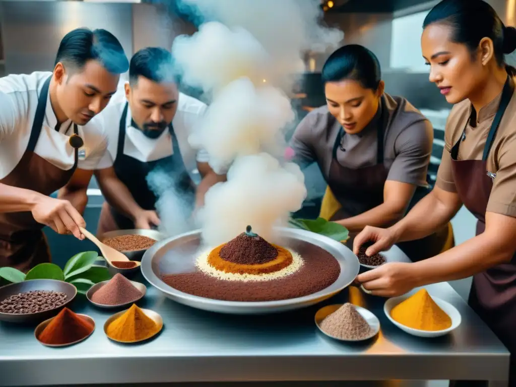 Grupo de chefs indígenas preparando platos innovadores con cacao en cocina moderna