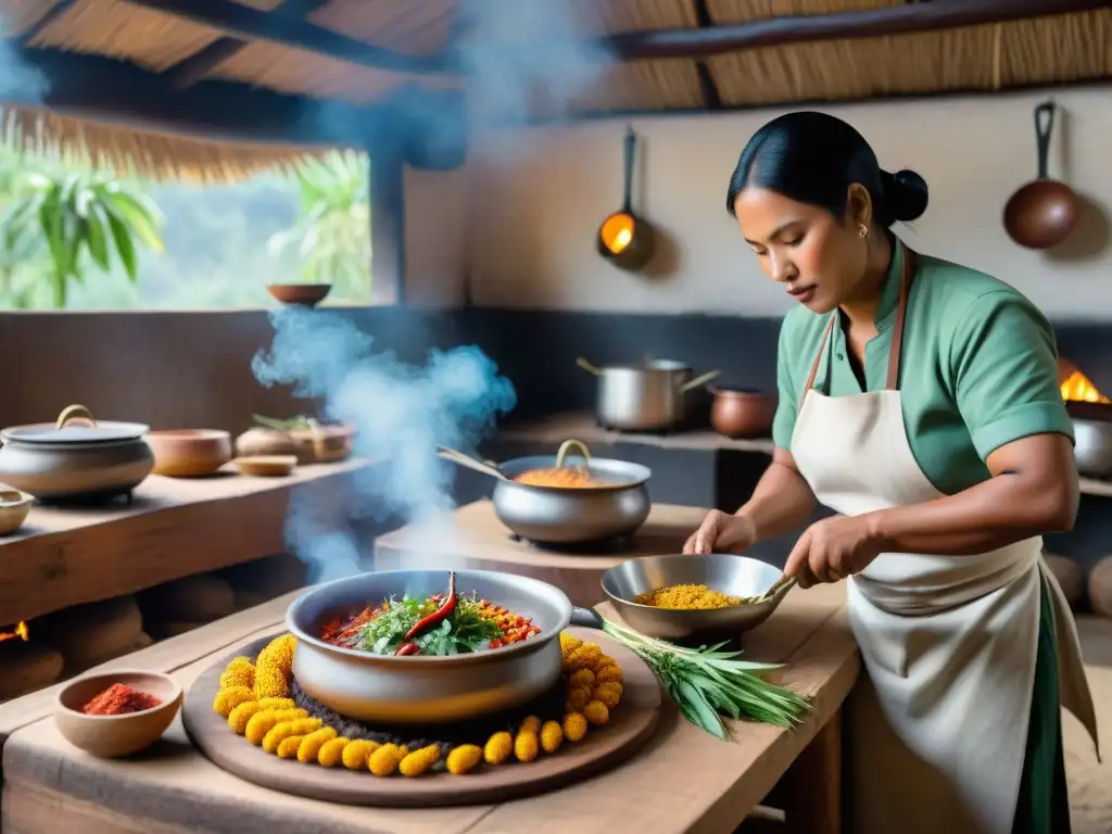 Un grupo de chefs indígenas preparando sabores indígenas en la cocina, rodeados de ingredientes coloridos y aromáticos