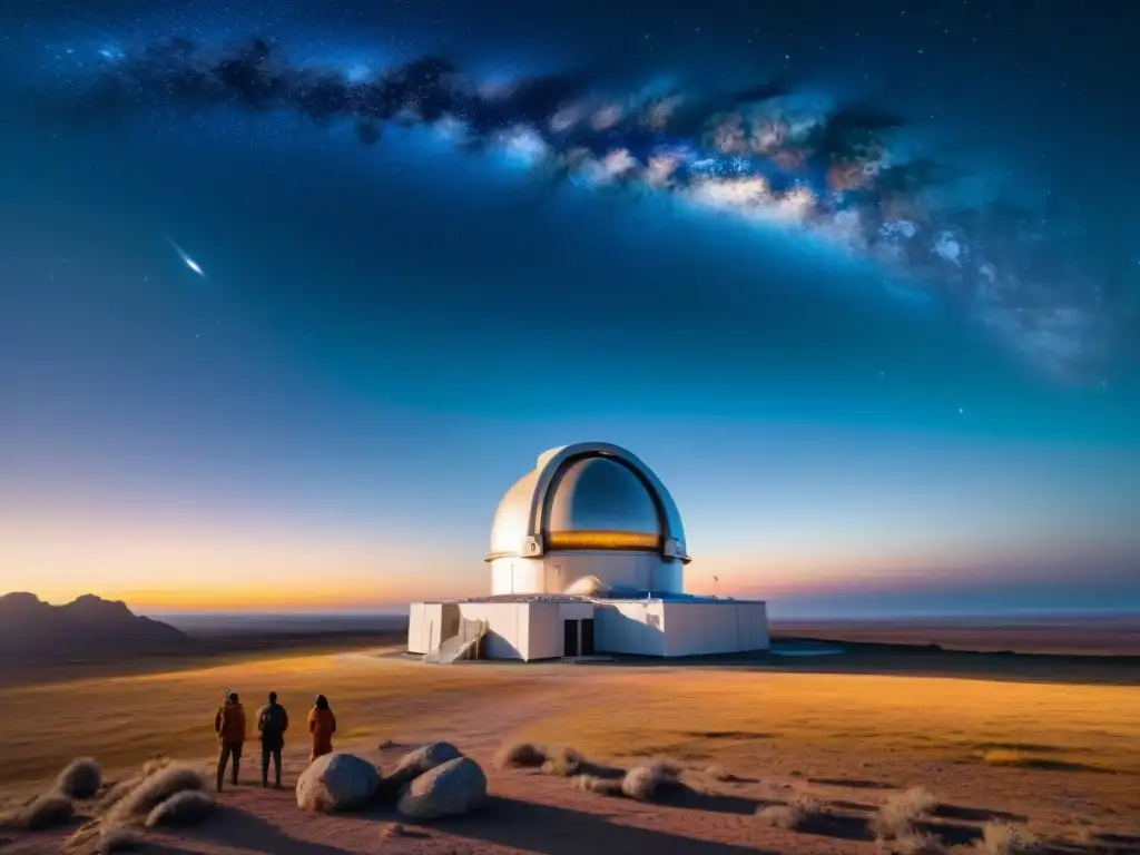 Un grupo de científicos indígenas admirando el cielo estrellado frente a un observatorio espacial