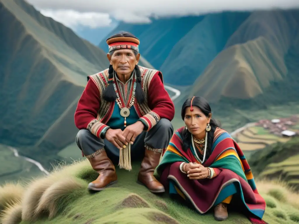 Un grupo de cineastas indígenas andinos en una montaña, vistiendo trajes tradicionales y rodeados de naturaleza