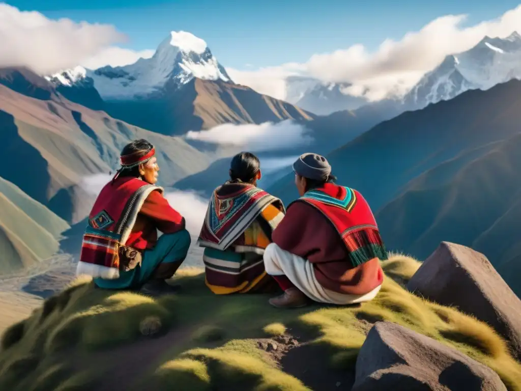 Grupo de cineastas indígenas andinos trabajando con determinación en una montaña, rodeados por los majestuosos Andes