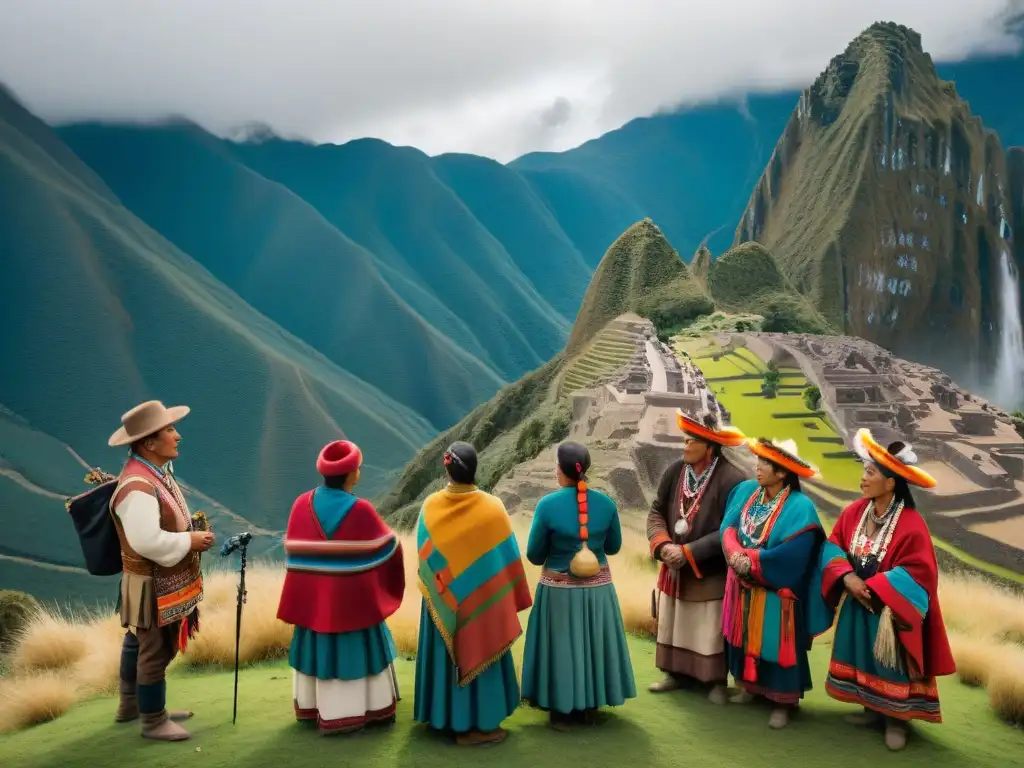 Grupo de cineastas indígenas andinos capturando una colorida ceremonia tradicional en las montañas