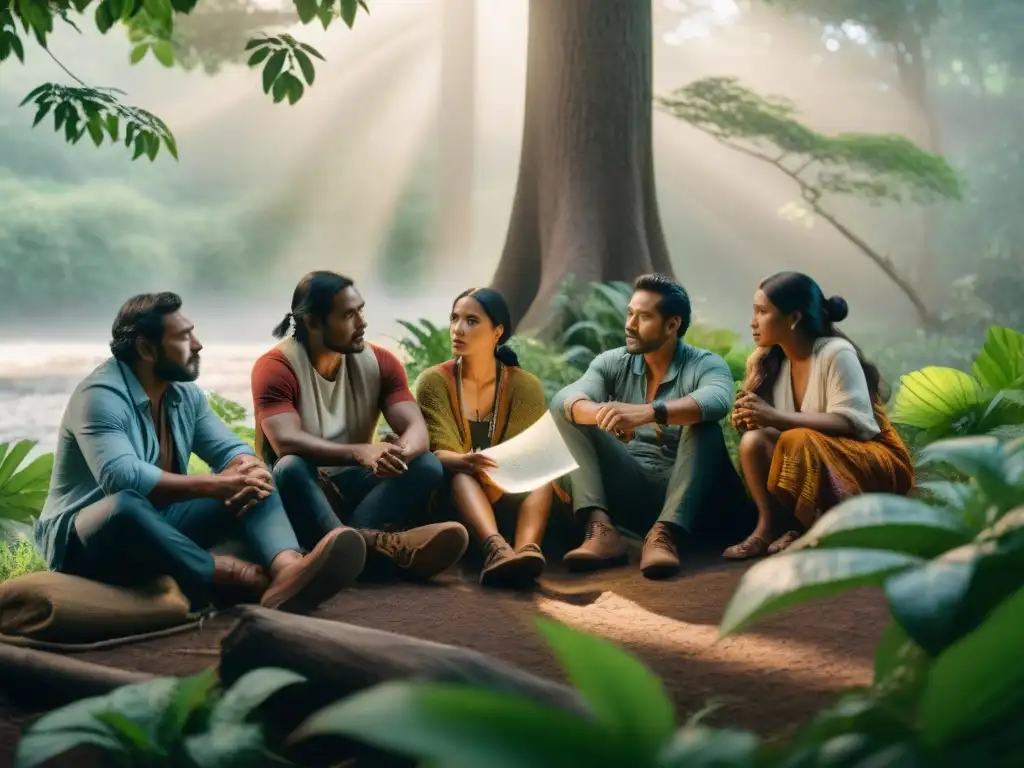 Grupo de cineastas indígenas discutiendo bajo un árbol en la selva, creando una narrativa poderosa