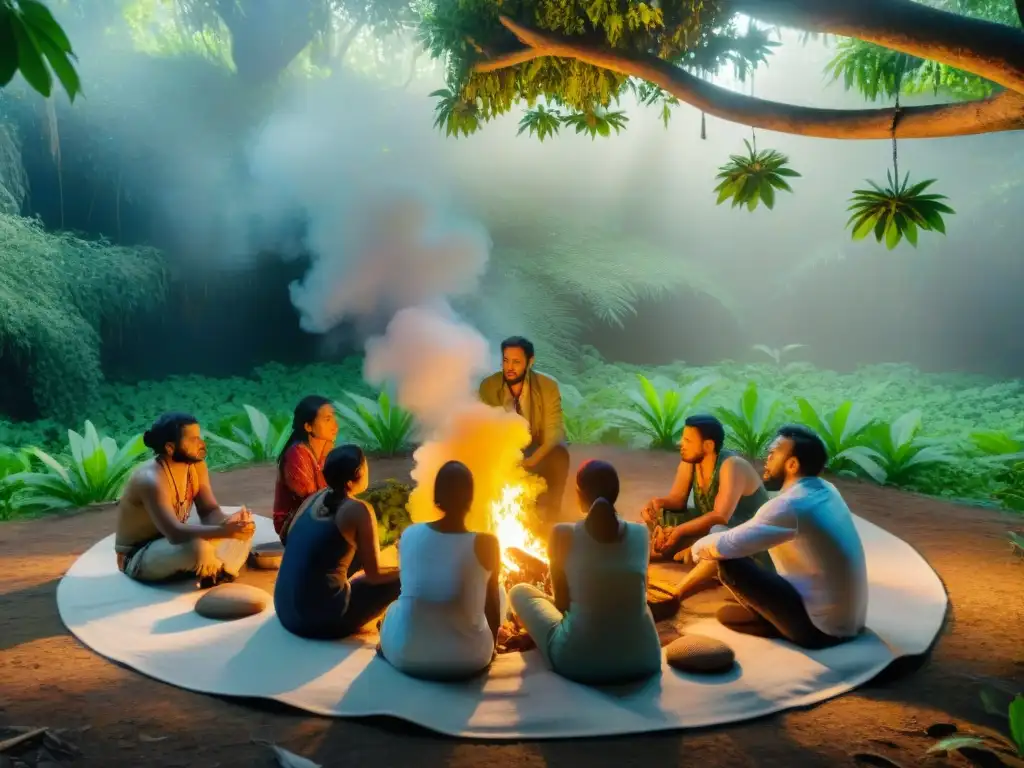 Conversaciones creativas: cineastas indígenas en la selva Un grupo de cineastas indígenas discuten bajo un árbol en la selva