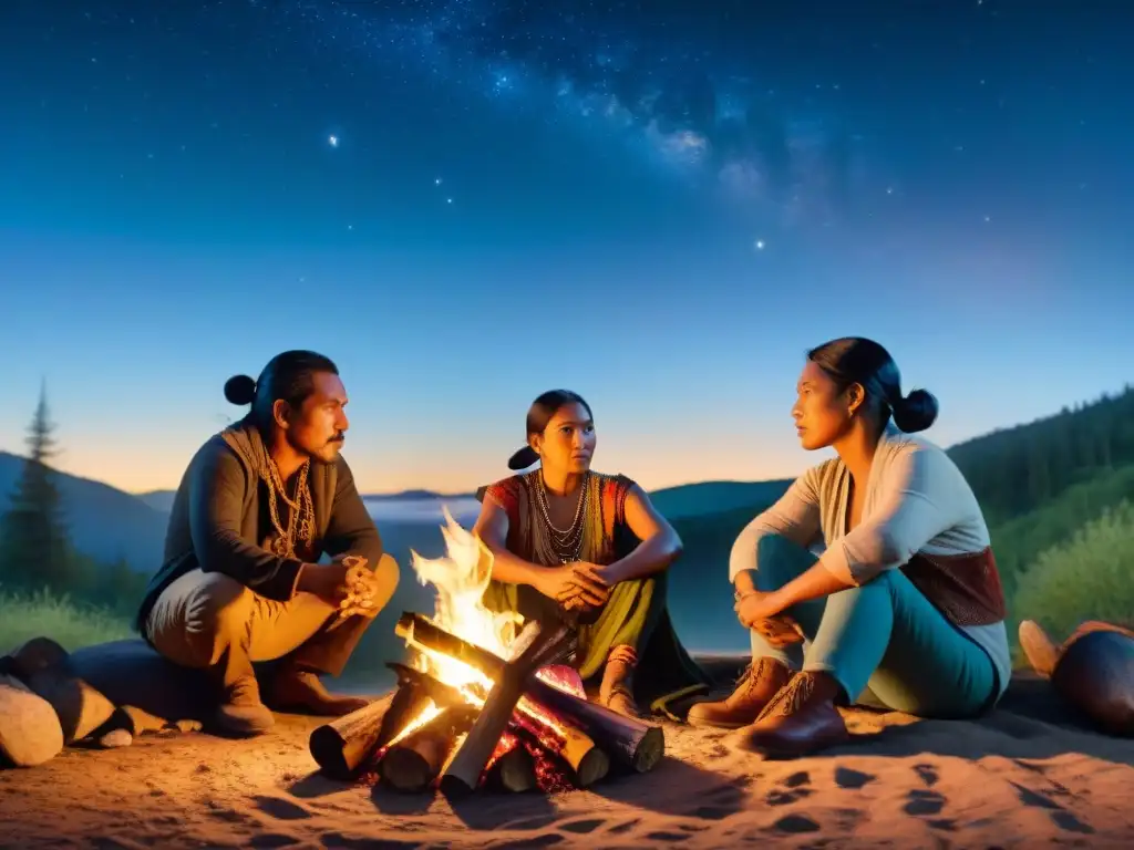 Grupo de cineastas indígenas en campamento nocturno, intercambiando historias bajo las estrellas