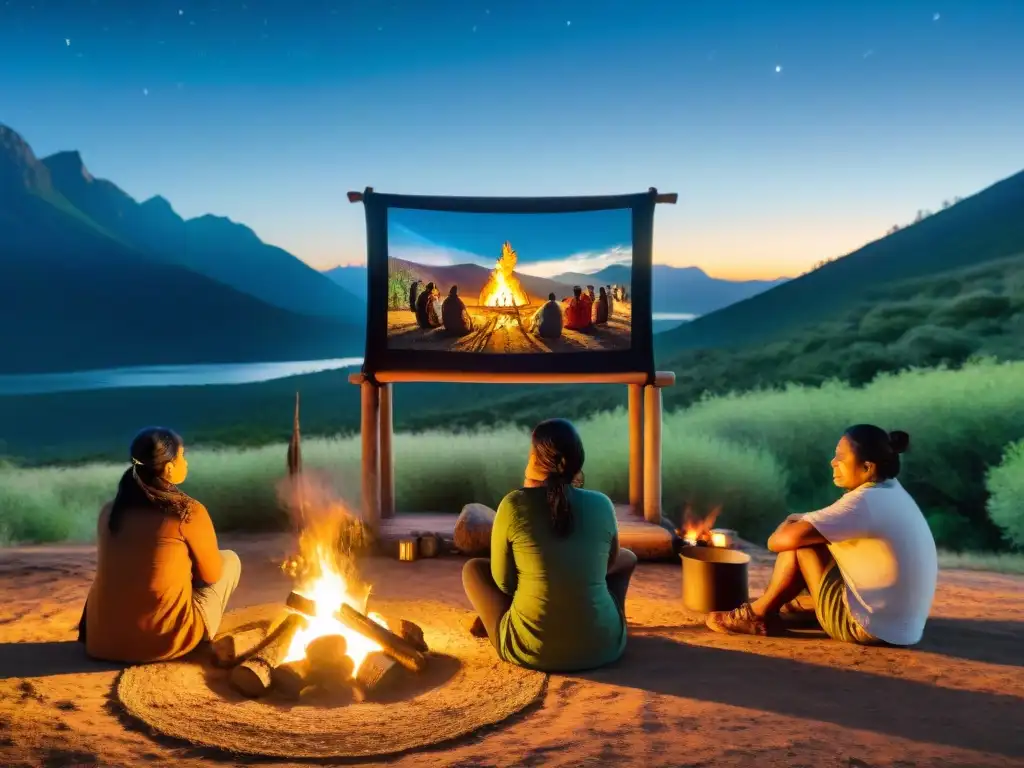 Grupo de cineastas indígenas en un campamento nocturno, compartiendo historias junto a una fogata