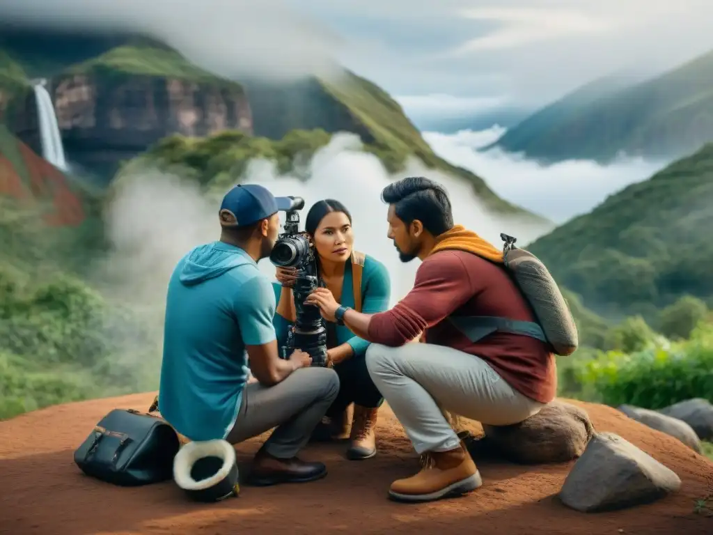 Un grupo de cineastas indígenas concentrados en su trabajo en un set de filmación, combinando tradición y modernidad