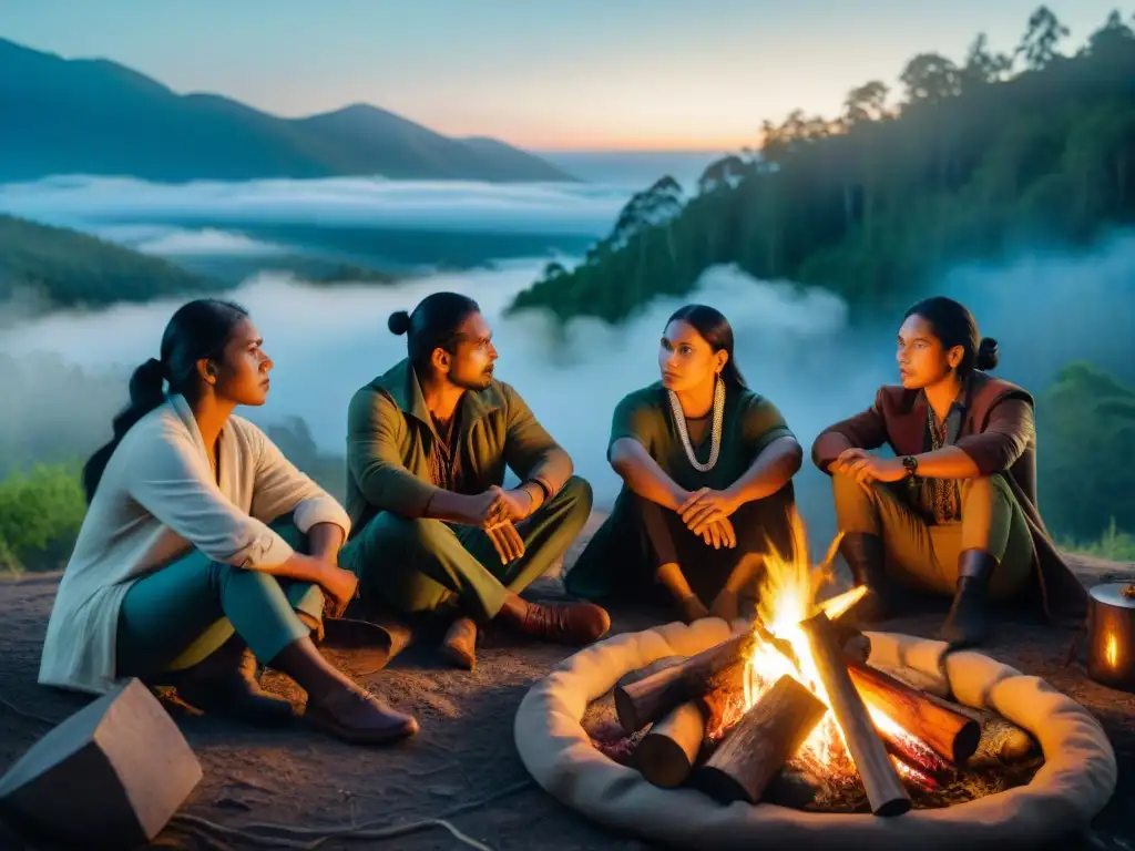 Conexión creativa: cineastas indígenas junto a fogata en la selva Un grupo de cineastas indígenas se reúnen alrededor de una fogata en el crepúsculo, compartiendo ideas y creando juntos
