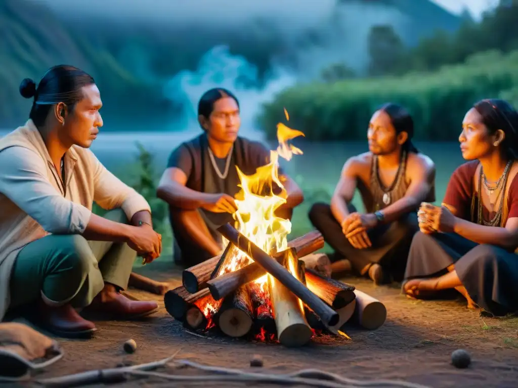 Un grupo de cineastas indígenas preparando historias reales alrededor de una fogata en la selva