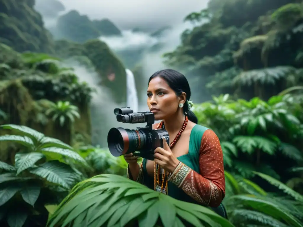 Grupo de cineastas indígenas inmersos en la filmación en la selva, transmitiendo autenticidad y pasión por el cine