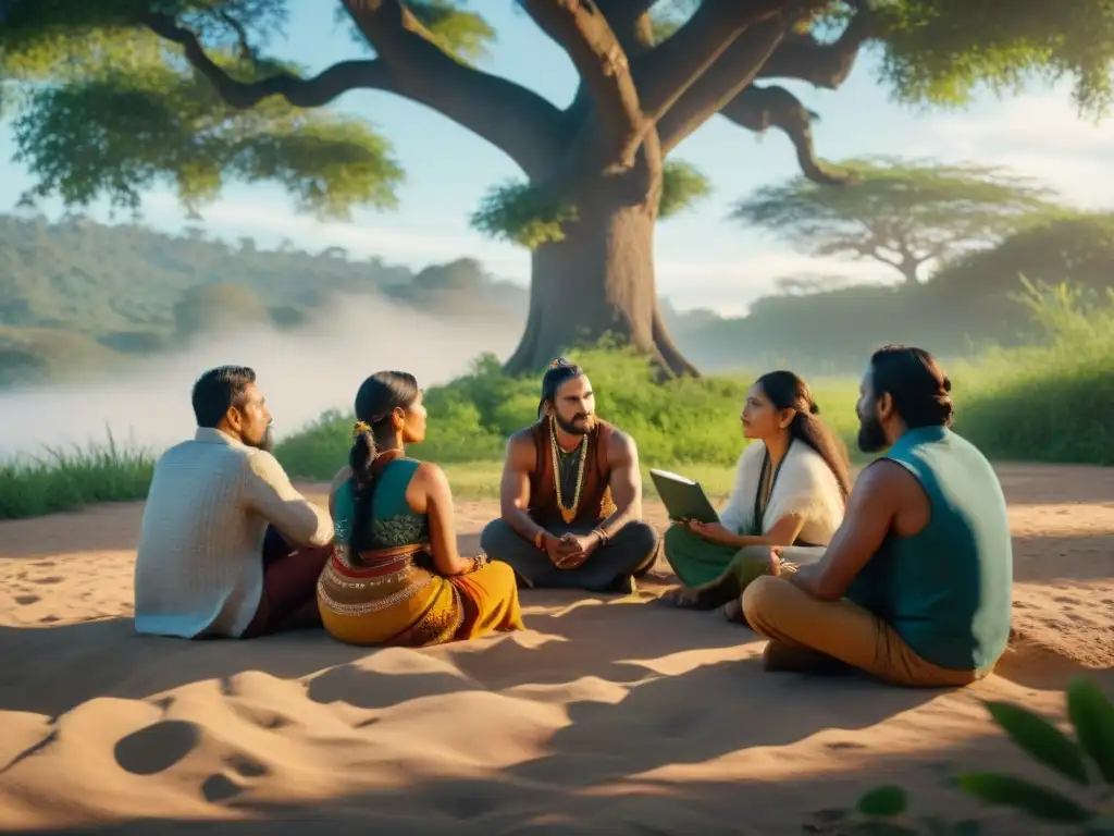 Un grupo de cineastas indígenas en intensa conversación bajo un árbol, reflejando determinación y unidad