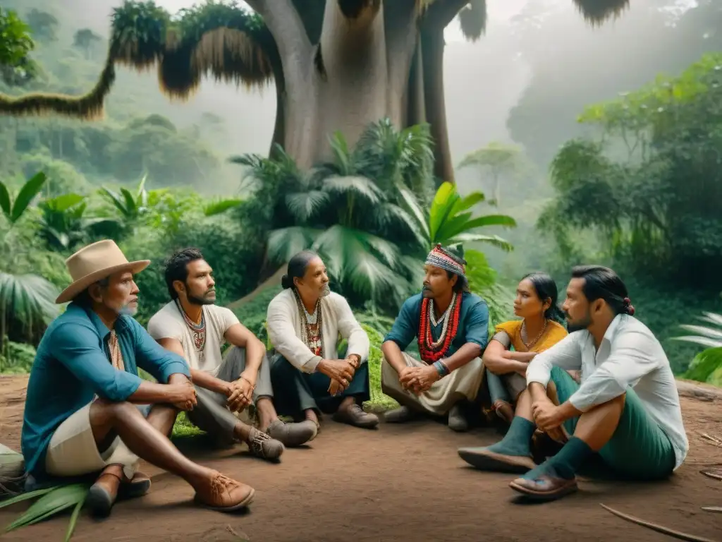 Grupo de cineastas indígenas en intensa discusión bajo un árbol en la selva