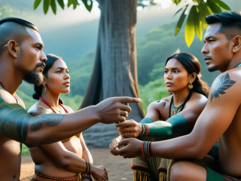 Grupo de cineastas indígenas planeando su próximo proyecto bajo un árbol