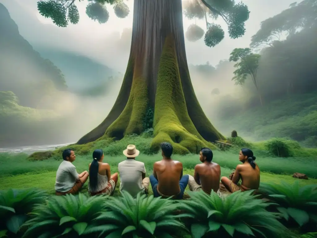 Grupo de cineastas indígenas discuten su próximo proyecto bajo un árbol en el bosque