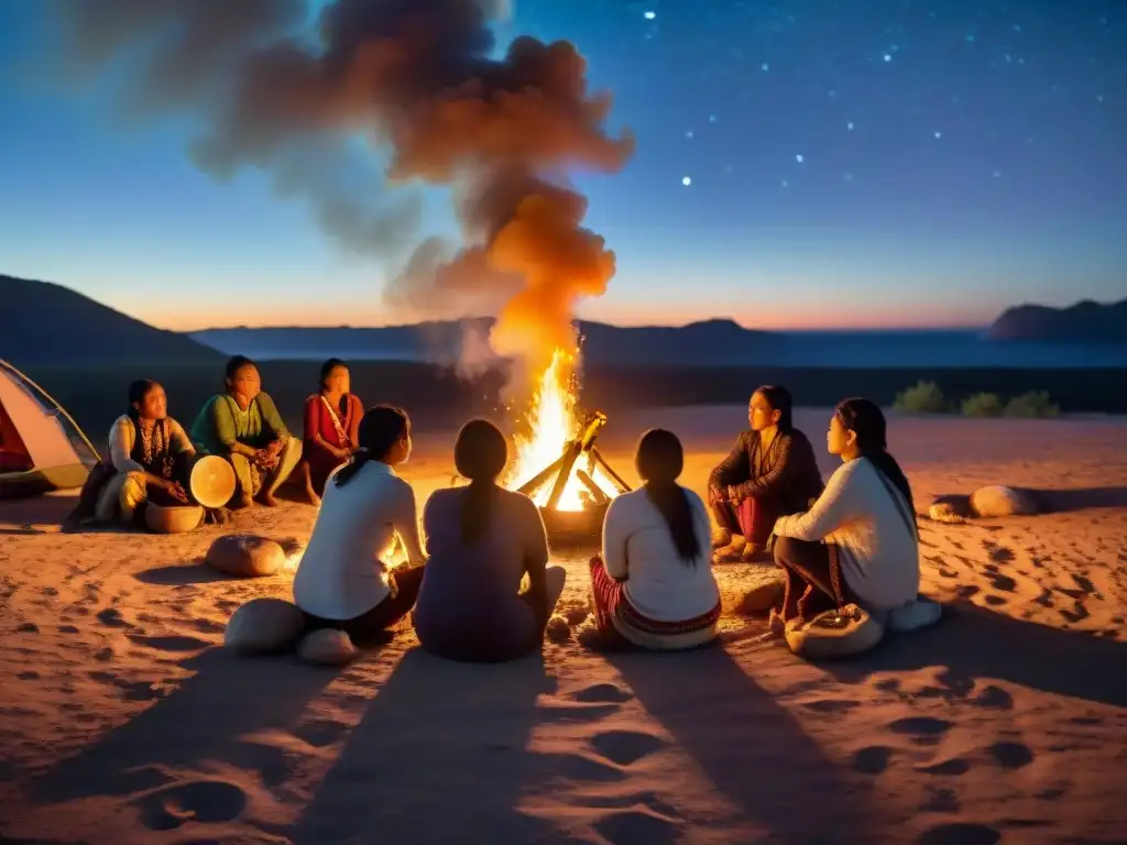 Grupo de cineastas indígenas reunidos alrededor de una fogata, discutiendo técnicas de filmación en la noche