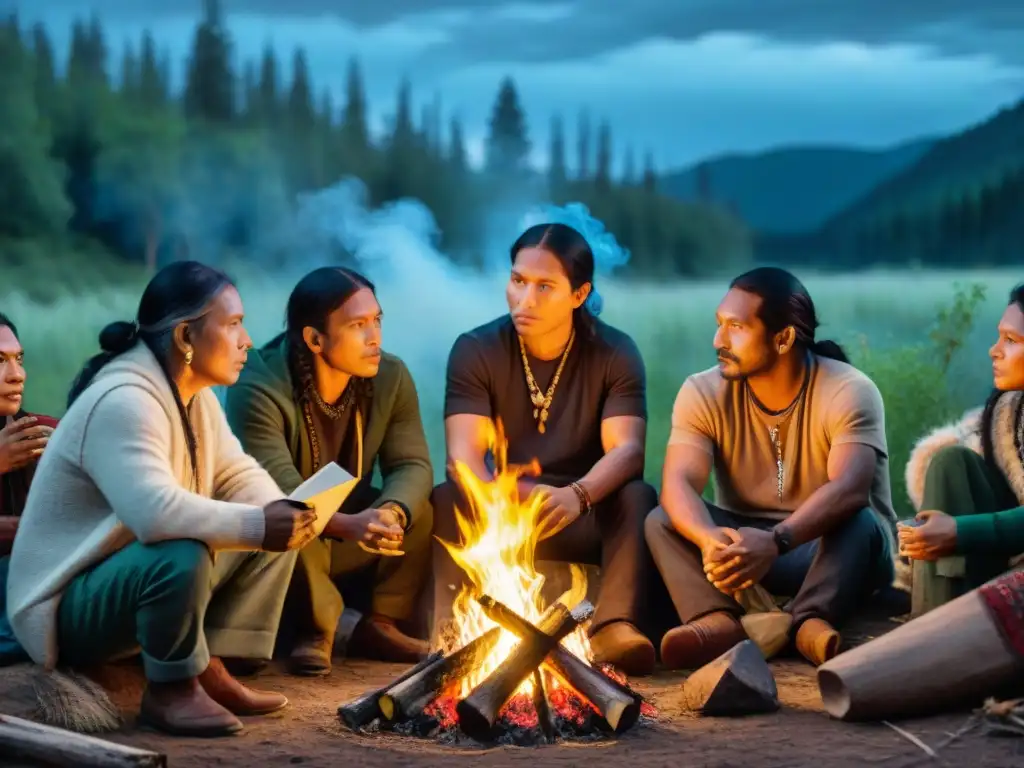 Un grupo de cineastas indígenas reunidos alrededor de una fogata, discutiendo bajo un cielo estrellado