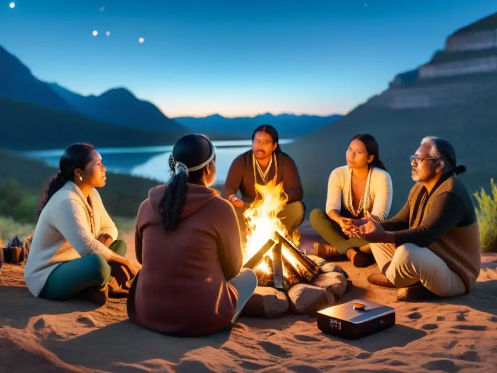 Grupo de cineastas indígenas reunidos alrededor de una fogata, discutiendo bajo un cielo estrellado