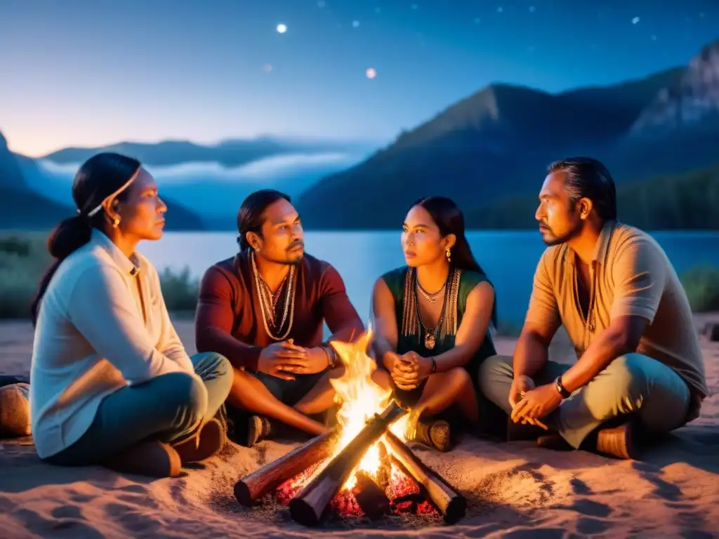 Grupo de cineastas indígenas reunidos alrededor de una fogata bajo el cielo estrellado, fusionando sabiduría ancestral con narrativa cinematográfica