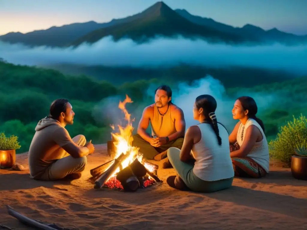 Un grupo de cineastas indígenas reunidos alrededor de una fogata, en medio de la naturaleza, colaborando y preservando tradiciones a través del cine