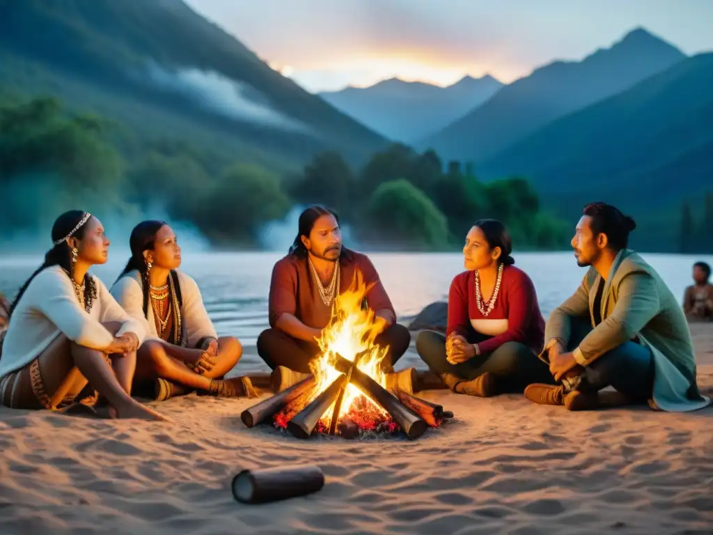 Un grupo de cineastas indígenas reunidos alrededor de una fogata, discutiendo técnicas de cine bajo el cielo estrellado