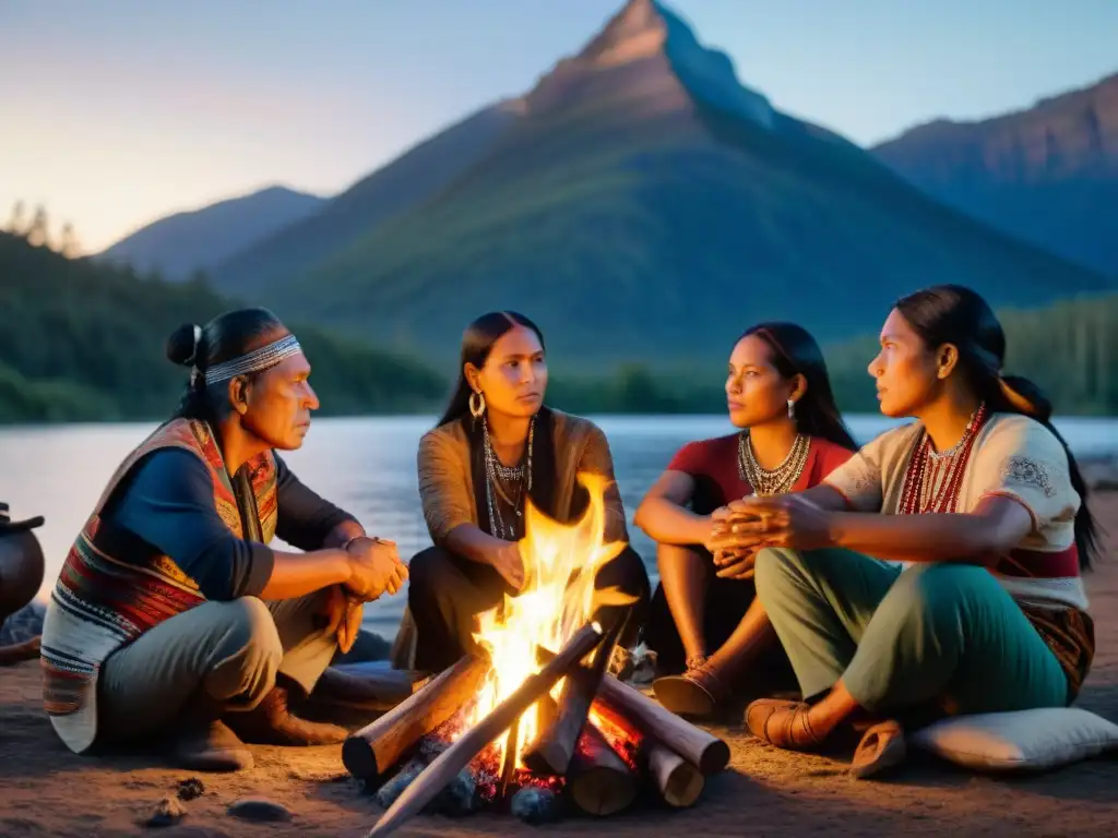 Un grupo de cineastas indígenas reunidos alrededor de una fogata, discutiendo tradiciones y el futuro del contenido indígena en plataformas digitales