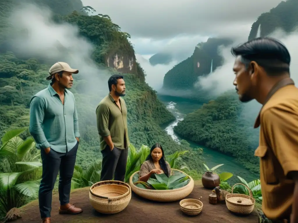 Grupo de cineastas indígenas en la selva, fusionando tradiciones ancestrales con tecnología cinematográfica