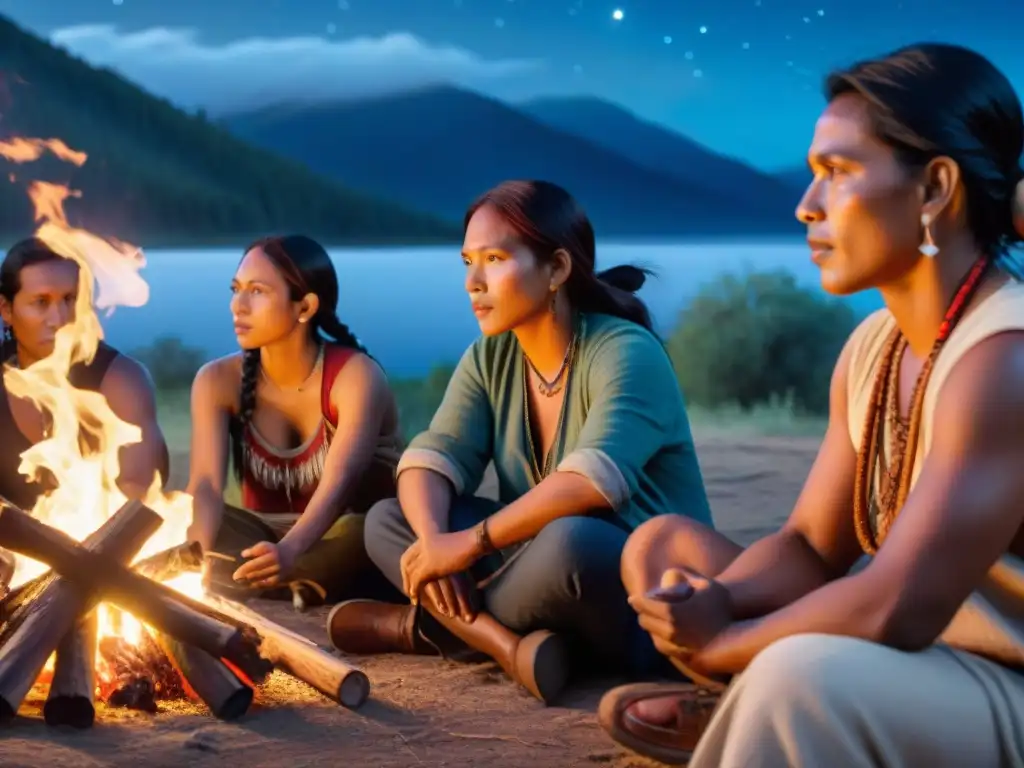 Un grupo de cineastas indígenas de diferentes tribus del mundo, reunidos alrededor de una fogata por la noche, compartiendo historias y experiencias