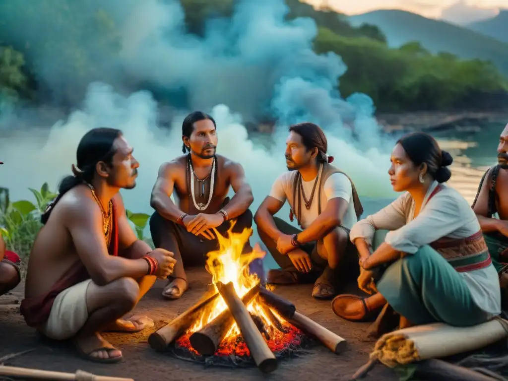 Un grupo de cineastas indígenas de diversas tribus alrededor de una fogata, unidos por la pasión por el cine indígena audiencias internacionales