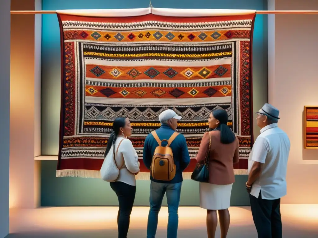 Grupo de comunidad indígena admirando textiles en museo comunitario, América