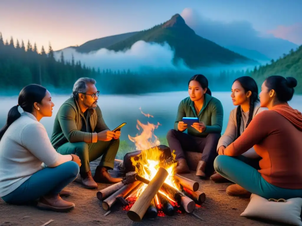 Un grupo de corresponsales indígenas reunidos alrededor de una fogata al anochecer, compartiendo historias bajo las estrellas en el bosque