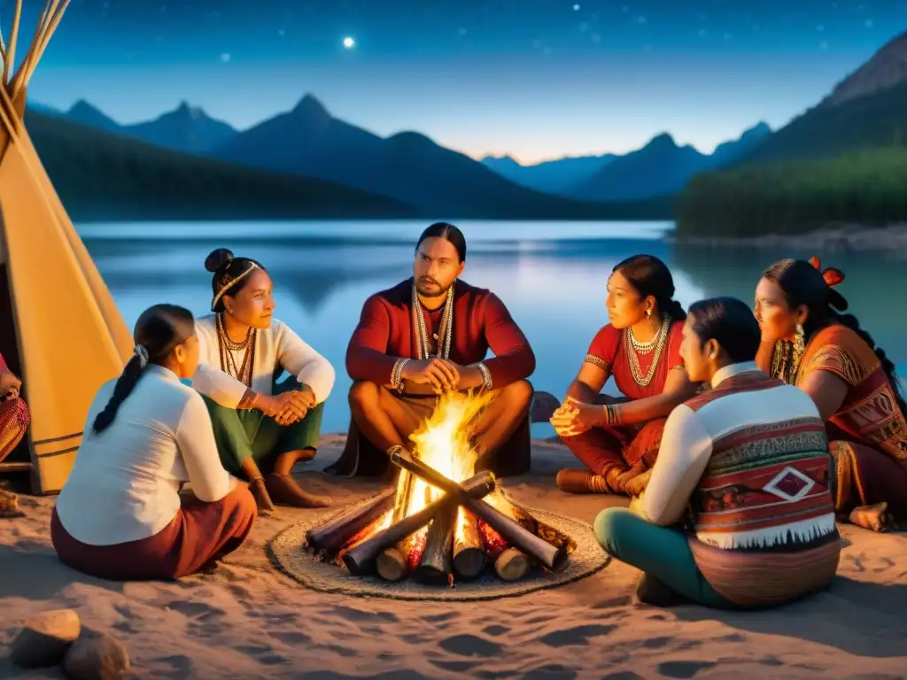 Grupo de creadores indígenas compartiendo historias alrededor de fogata bajo el cielo estrellado