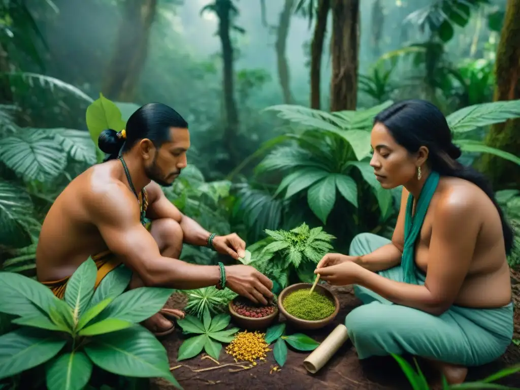 Un grupo de curanderos indígenas en plena selva amazónica, preparando remedios herbales con determinación