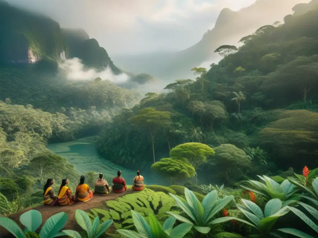 Un grupo de curanderos indígenas en la selva, recolectando plantas medicinales con reverencia