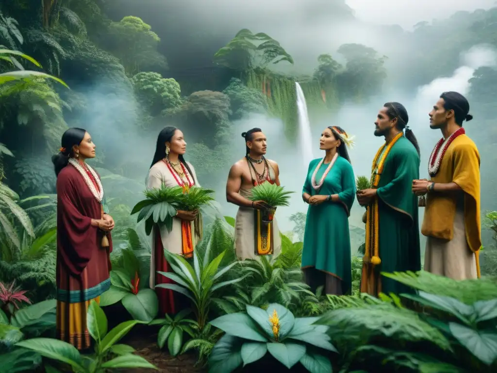 Un grupo de curanderos indígenas de diferentes tribus de las Américas intercambiando conocimientos y prácticas con hierbas medicinales en la selva