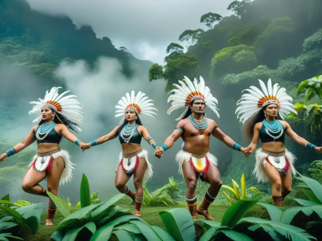 Grupo indígena danza la lluvia entre árboles frondosos, vestidos con trajes coloridos y movimientos fluidos