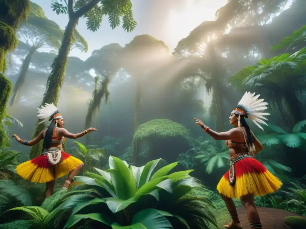 Grupo indígena danza en la selva con plumas y vestimenta tradicional, promoviendo concienciación ambiental a través de danzas