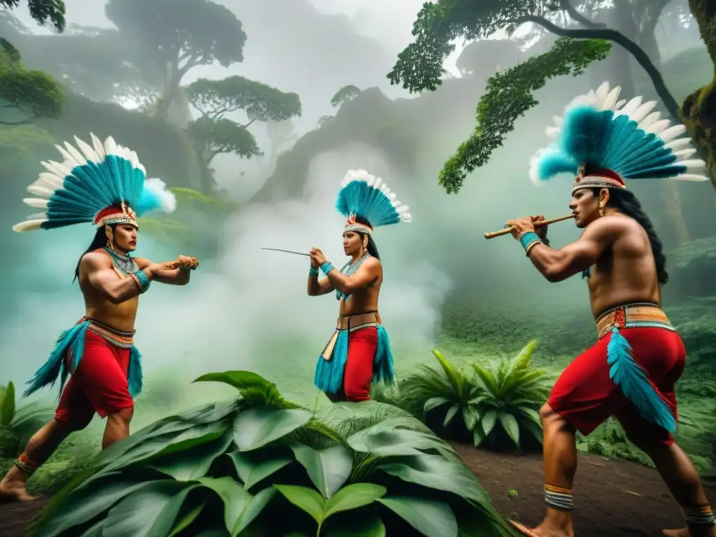 Grupo de danzantes indígenas en un ritual precolombino en la selva