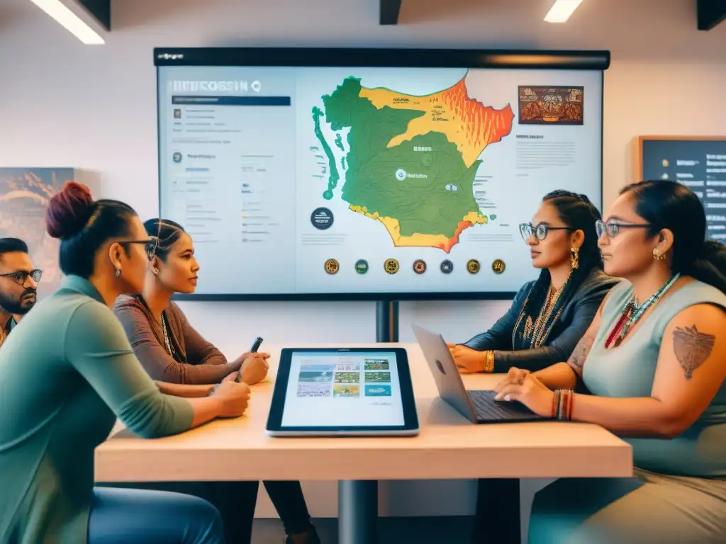 Un grupo de desarrolladores de videojuegos indígenas, inmersos en una animada discusión creativa sobre diseño y conceptos