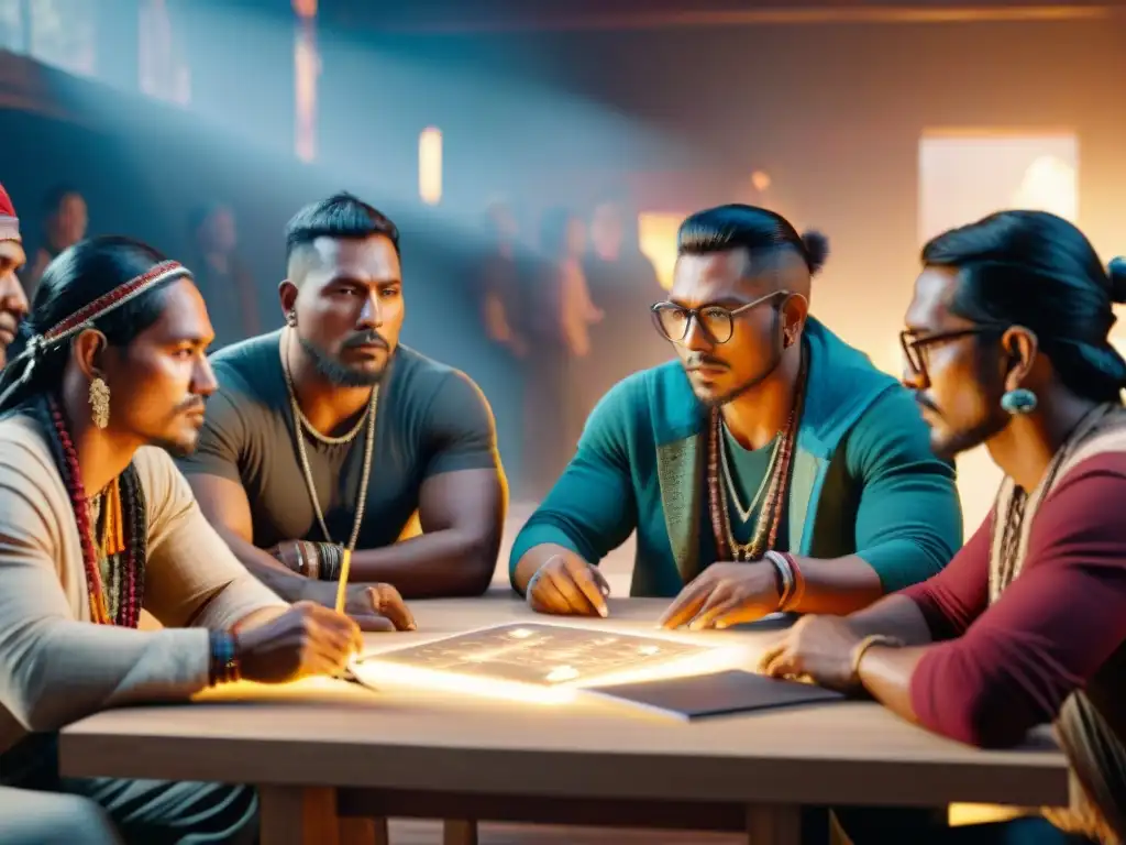 Desarrollo de videojuegos indígenas: fusión de tradición y tecnología Un grupo de desarrolladores de videojuegos indígenas en profunda discusión, creando representaciones reales