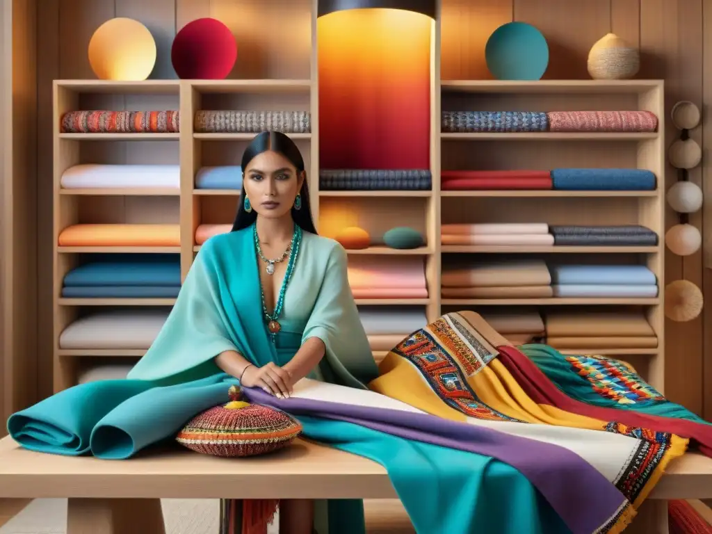 Grupo de diseñadores de moda indígena expresión contemporánea trabajando con telas coloridas y herramientas de costura en una mesa de madera