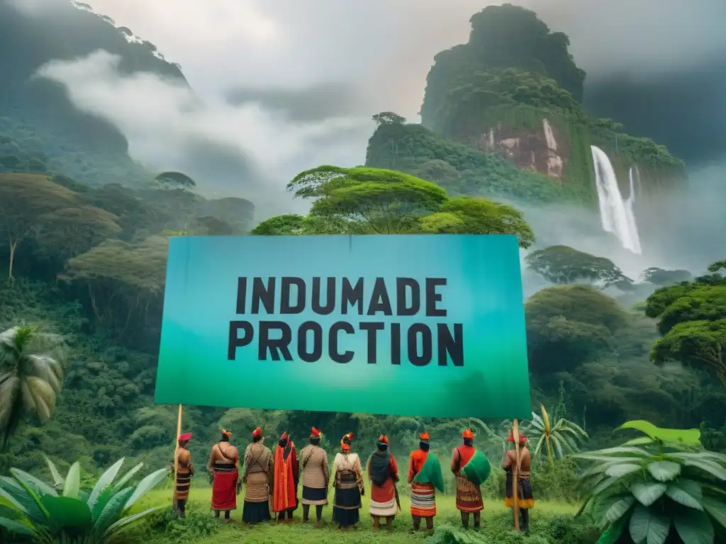 Grupo diverso de activistas indígenas en la selva con carteles de protesta, unidos en activismo ambiental comunidades indígenas