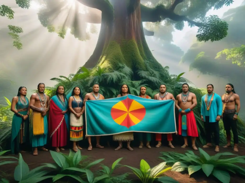 Grupo diverso de activistas indígenas de las Américas en resistencia, unidos alrededor de un árbol ancestral en la selva